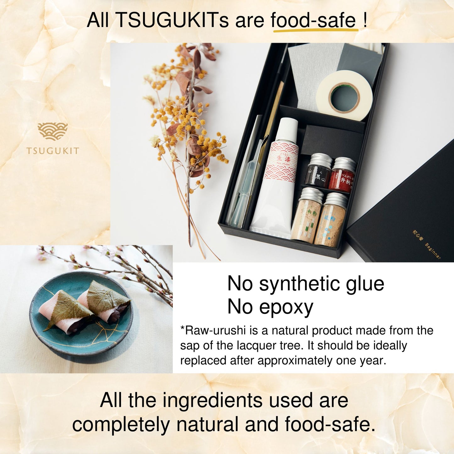 Food safe Kintsugi repair kit - Starter TSUGUKIT - (Traditional Japanese urushi lacquer and 0.1 g of Genuine 23 kt Gold Powder included)